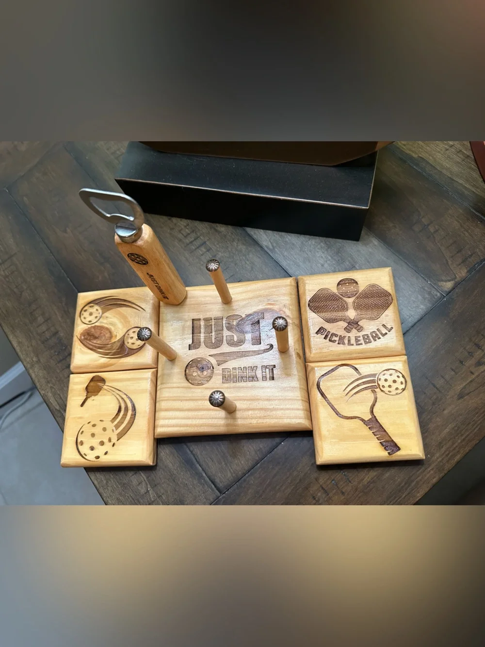 Handcrafted Wooden Pickleball Coaster Set with Holder & Bottle Opener - New